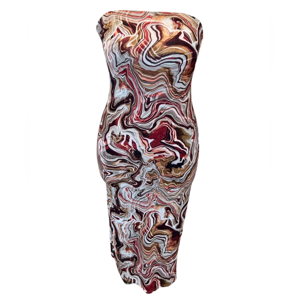 Womens Tube Top Dress Medium Brown New Stretch Bodycon Gathered Sea Print